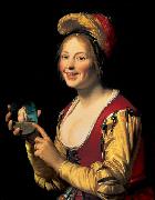 Gerard van Honthorst Smiling Girl, a Courtesan, Holding an Obscene Image oil painting reproduction